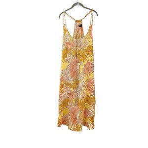 Tahari 100% Linen Shift Dress Tropical Palm Yellow Midi Resort Cruise Belted XL